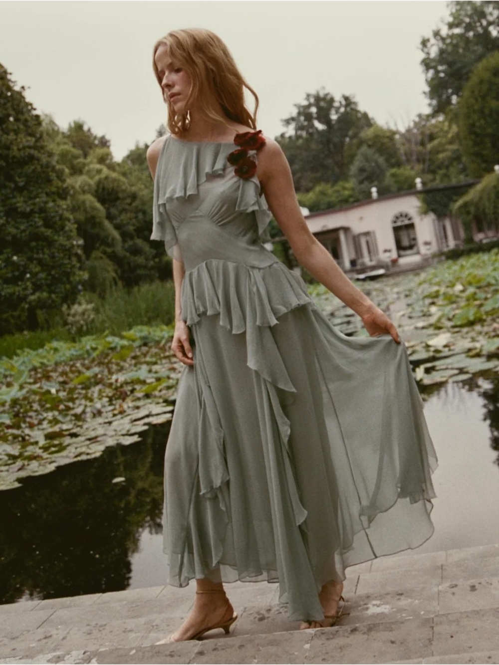 Doen Sage Nelida Ruffle Chiffon Maxi Dress with Floral Accent